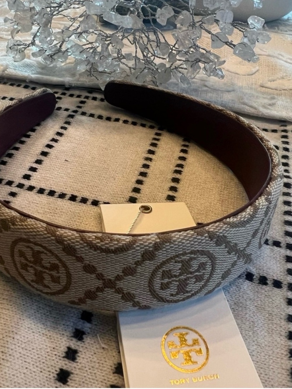 Tory Burch Beige and Brown Logo Jacquard Headband